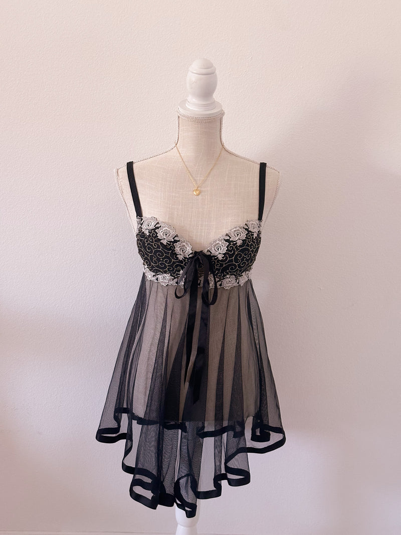Vintage Victoria's Secret black floral fairy babydoll slip dress size: 34 B