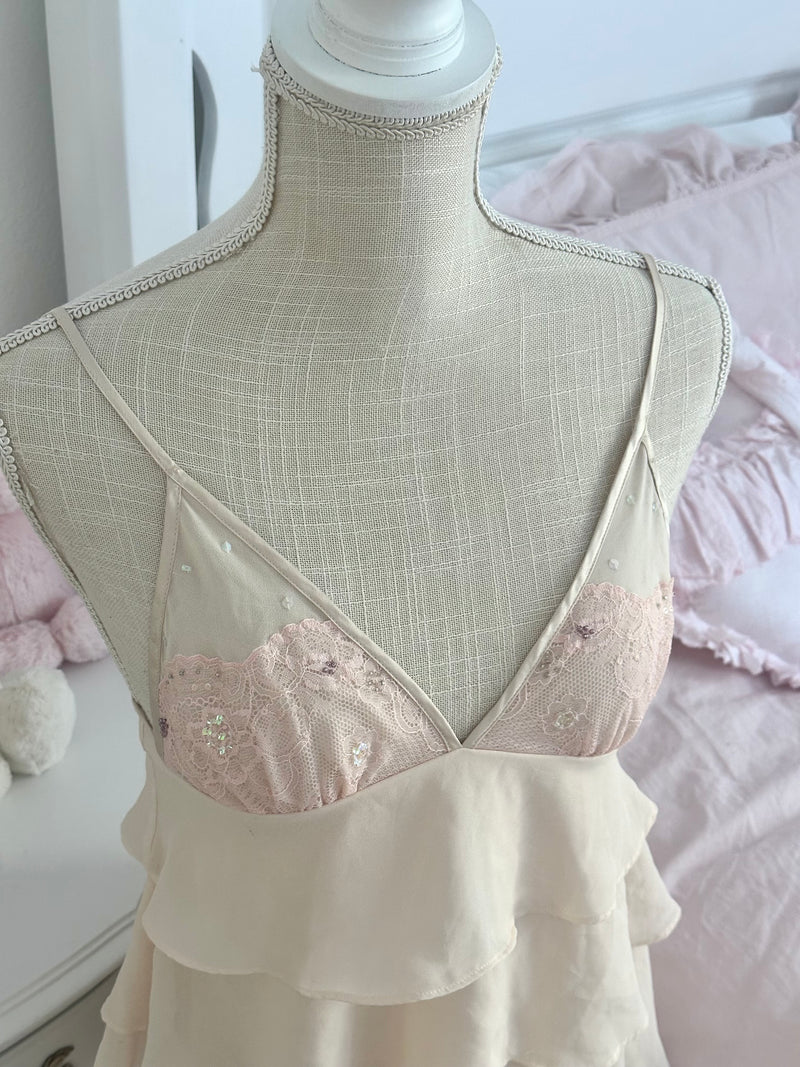 Vintage 2004 Victoria’s Secret Cream & Pink Lace Ruffle Babydoll Cami Top Size: XS
