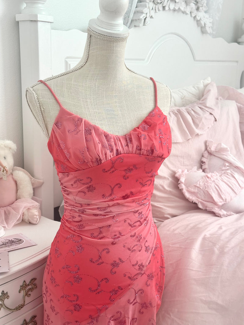 Vintage 2000s Taboo Pink Sparkly Fairycore Midi Dress Size S