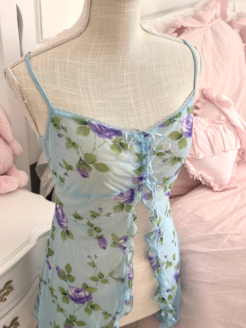 Vintage 2002 Victoria’s Secret Blue Floral Sheer Cami Top Size M