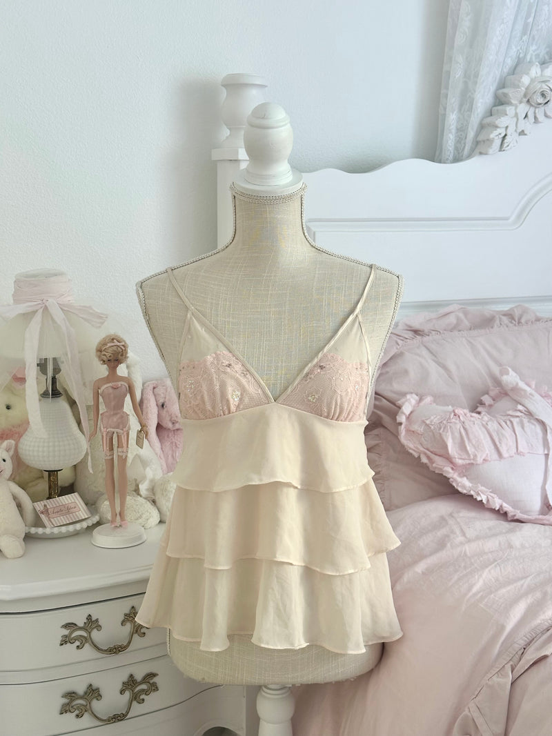Vintage 2004 Victoria’s Secret Cream & Pink Lace Ruffle Babydoll Cami Top Size: XS