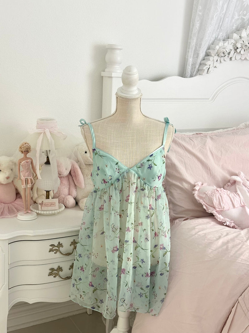 Vintage 1996 Victoria’s Secret Teal Blue Floral Babydoll Dress Size: M