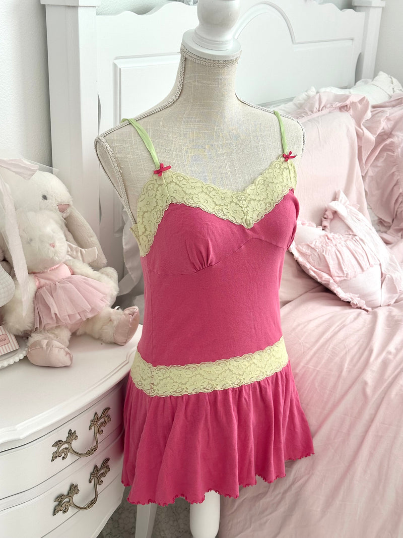 Vintage 2005 Victoria’s Secret Hot Pink & Green Lace Babydoll Dress Size M
