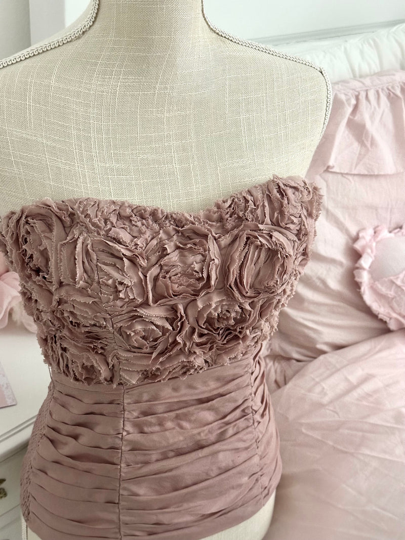 Vintage Y2K Bebe Dusty Mauve Rosette Corset Top Size XS/S