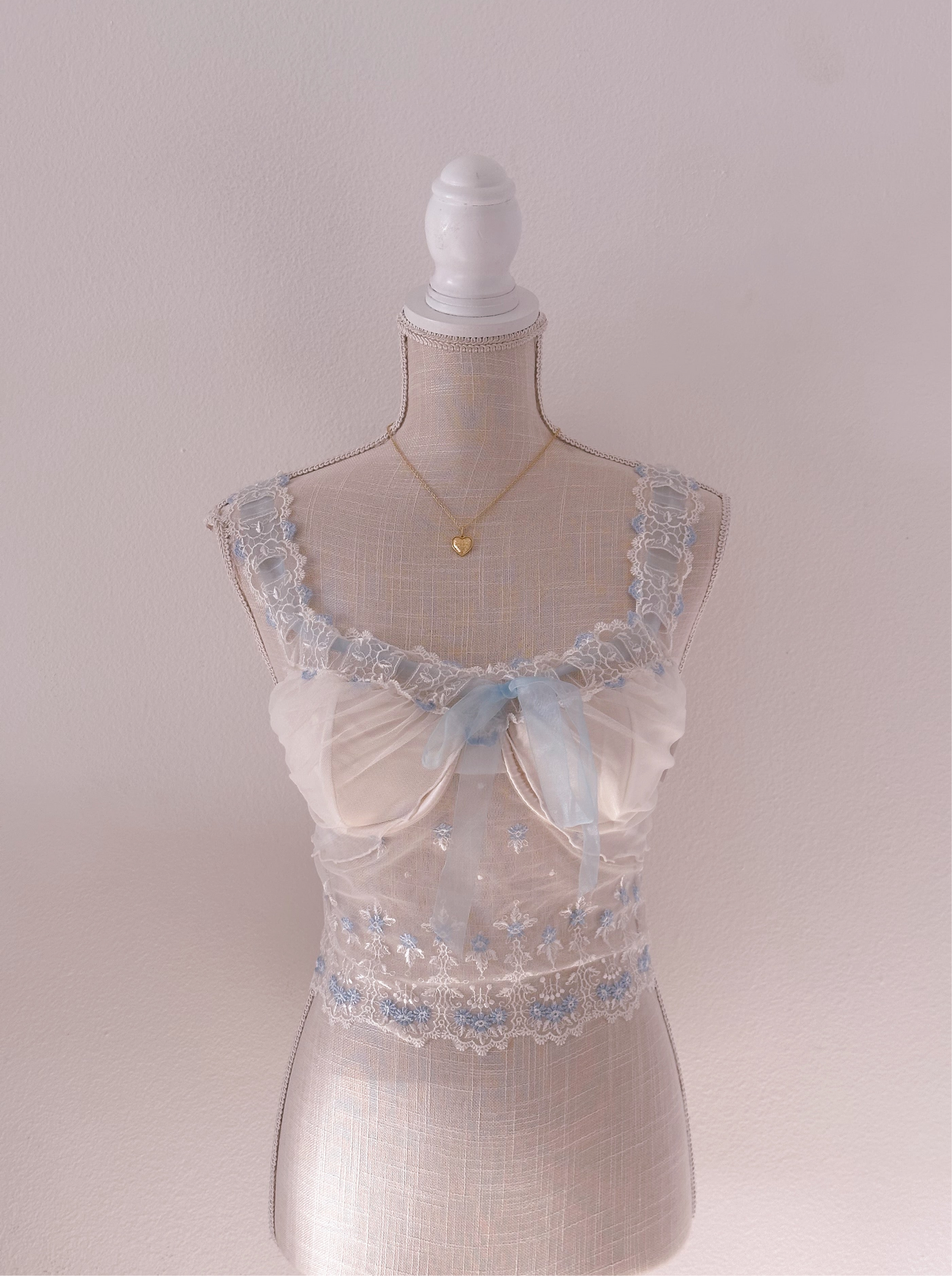 Vintage Fredricks of hollywood white and blue corset cami top