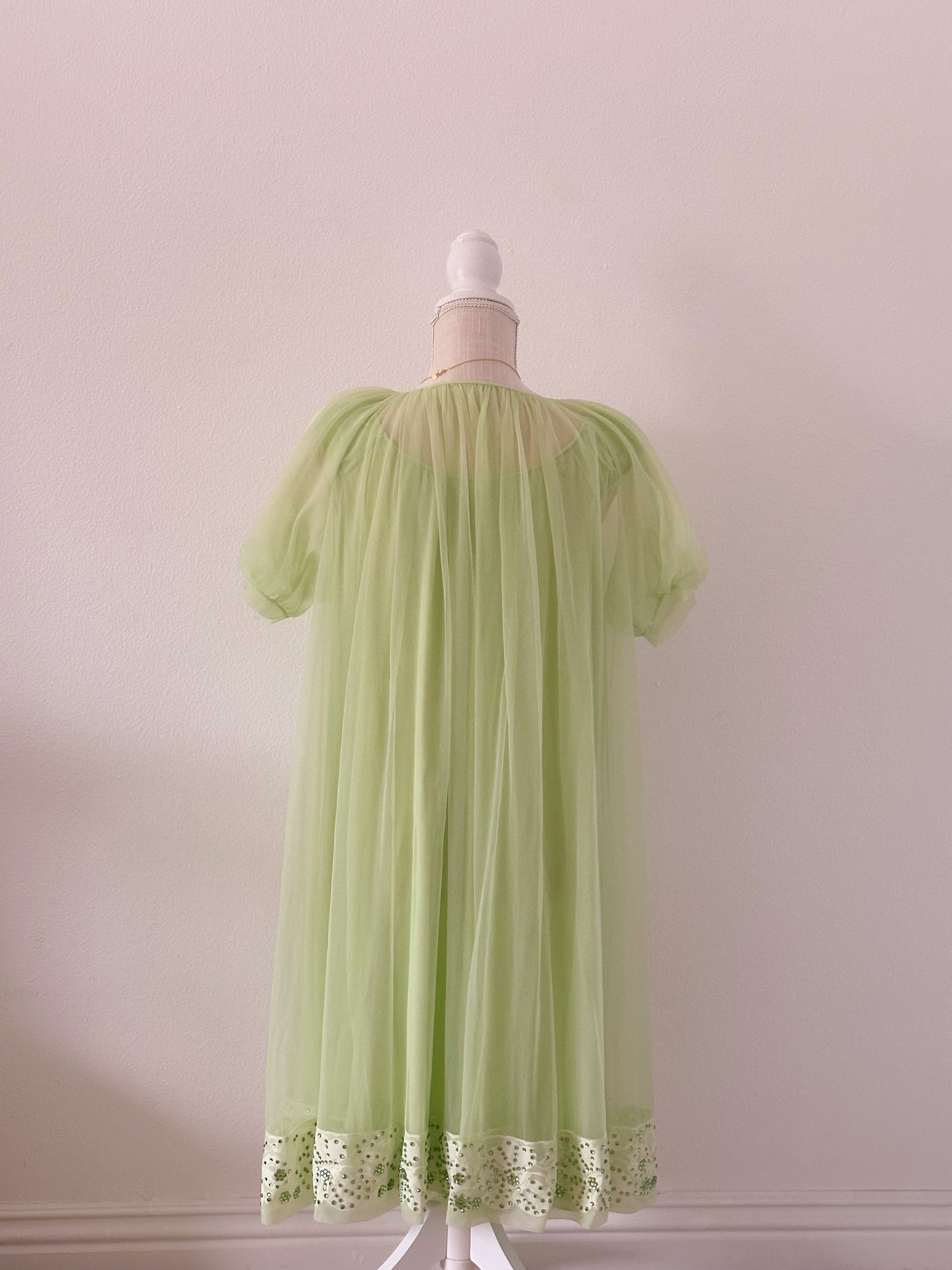 1950's peignoir green robe and slip dress set with puff sleeves