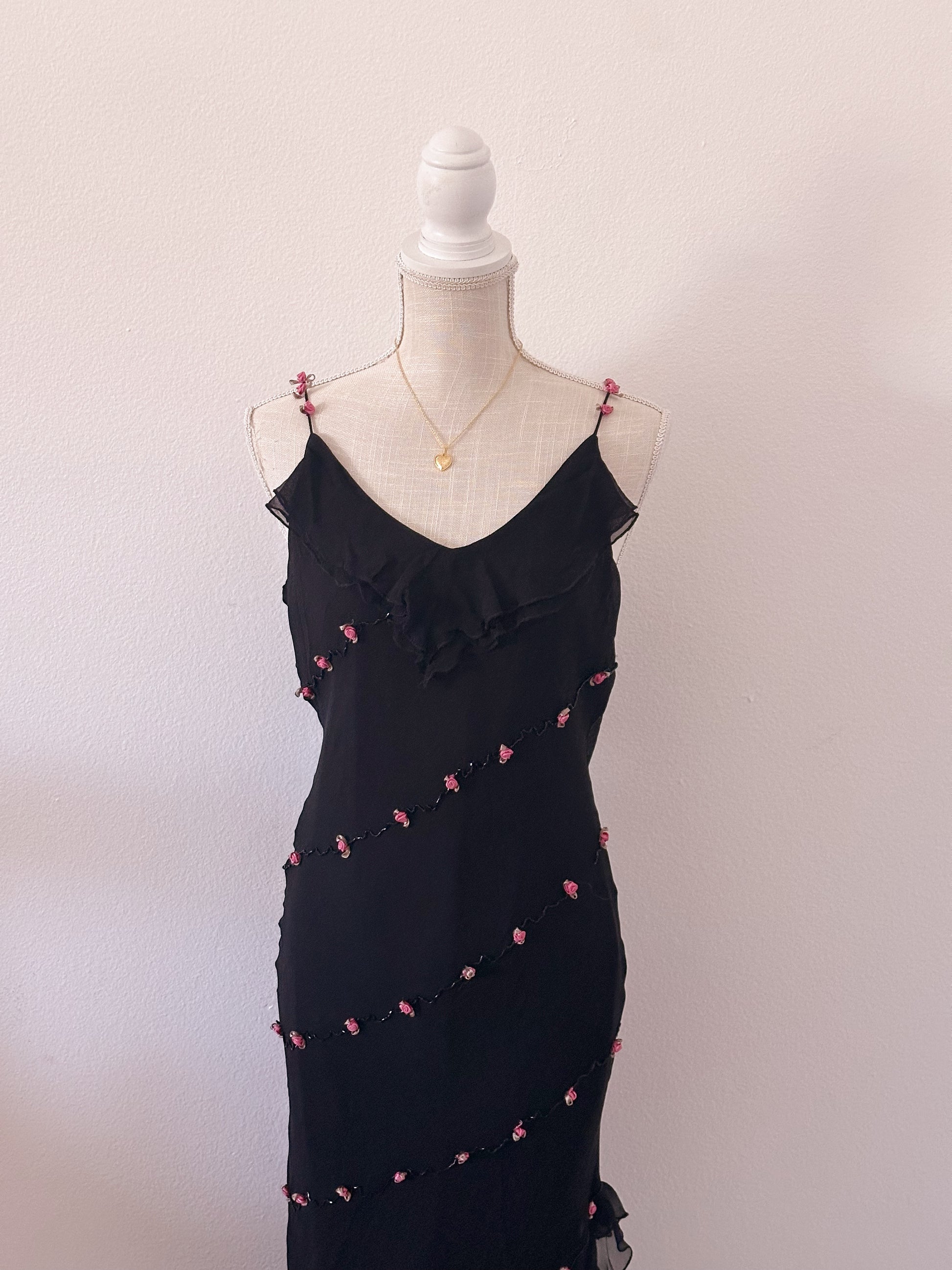 Vintage 90s black ruffle maxi dress with floral details size: 8