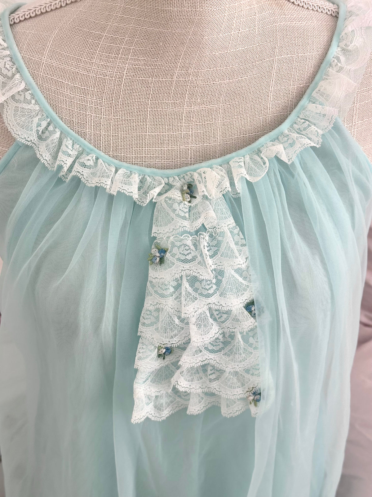 Vintage 1950s Baby Blue Sheer Nylon Nightgown Size S