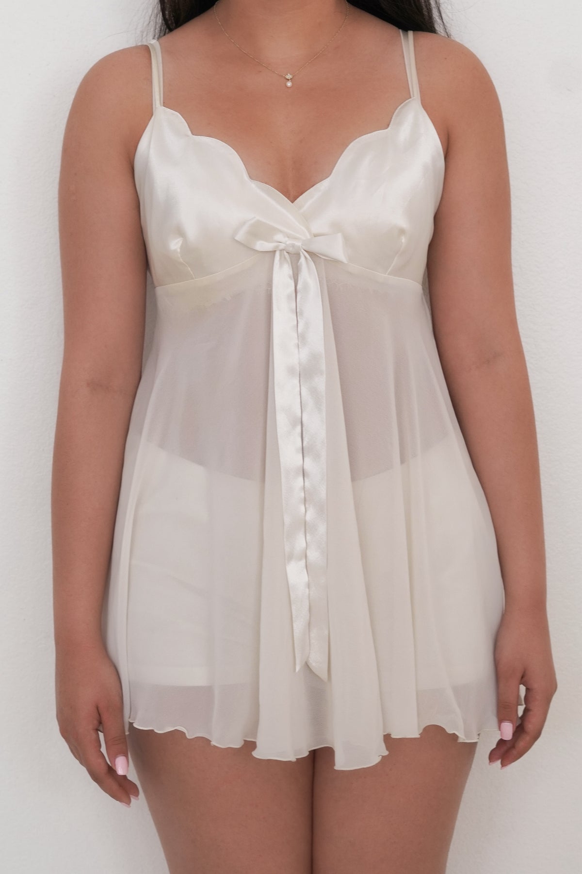 Vintage 1996 Victoria’s Secret Ivory Satin & Sheer Babydoll Slip Dress Size: S
