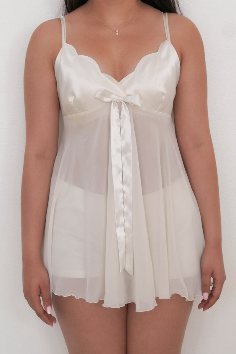 Vintage 1996 Victoria’s Secret Ivory Satin & Sheer Babydoll Slip Dress Size: S