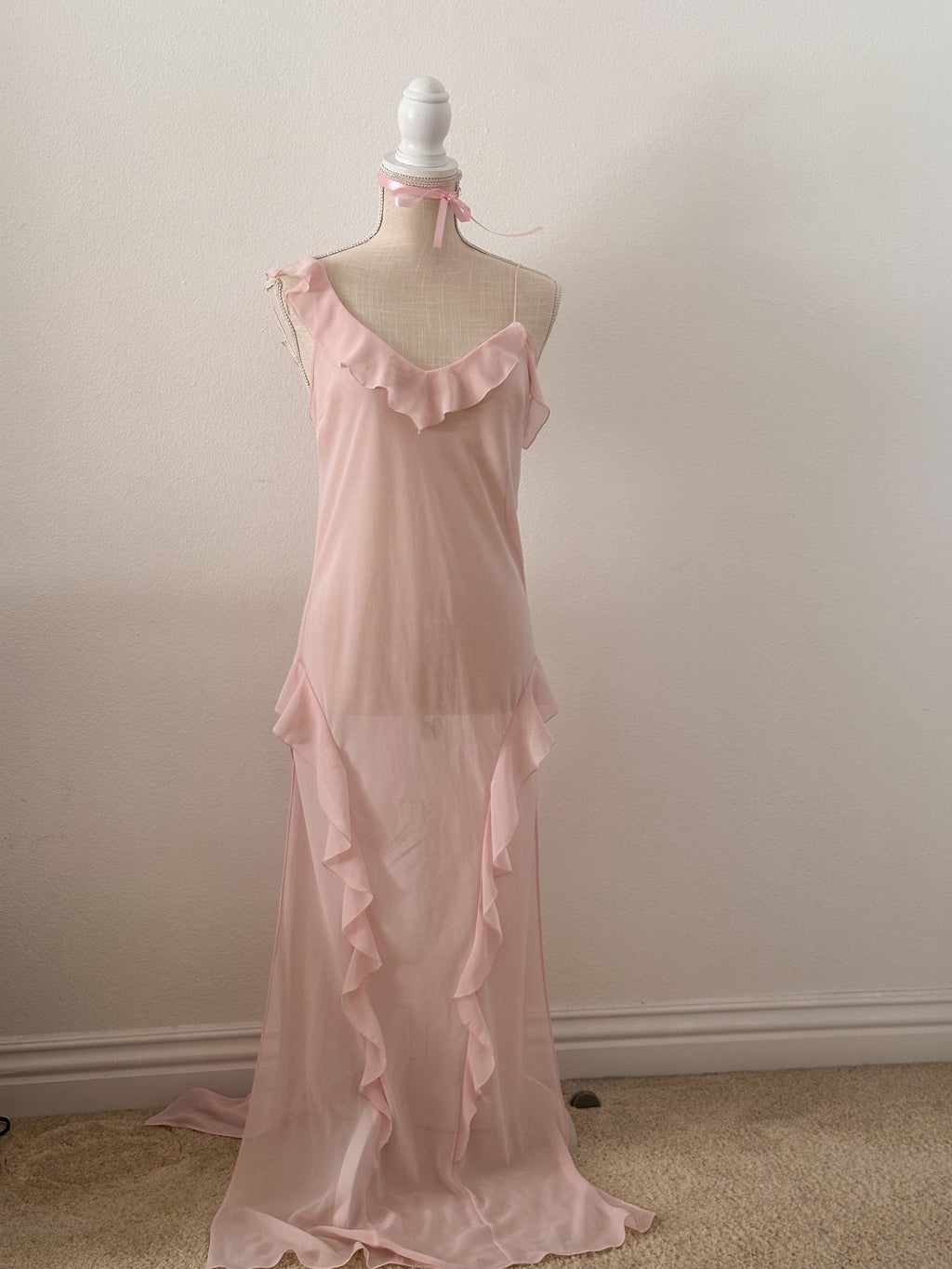 Vintage Victoria's Secret maxi long sheer mesh pink slip dress nightgown from 2004
