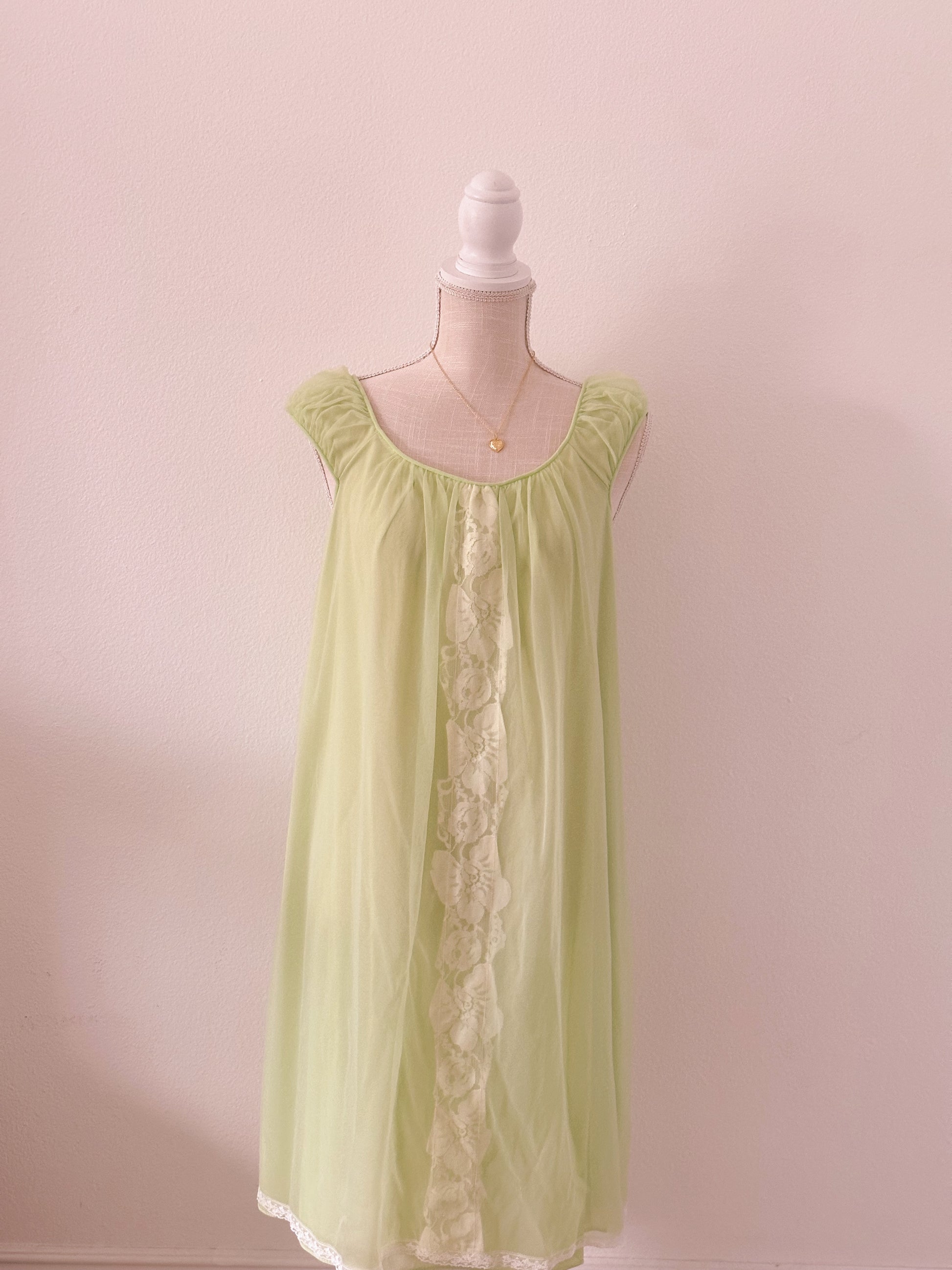 1950's peignoir green robe and slip dress set with puff sleeves