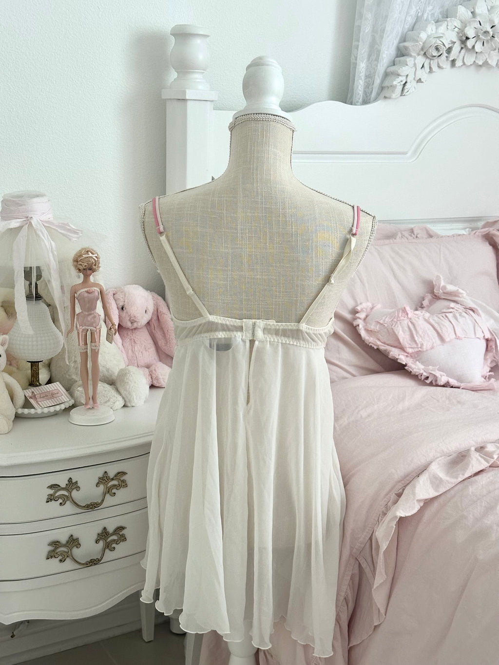 Vintage 2000s Delicates White Fairy Babydoll Dress Pink & Green Floral Size: L
