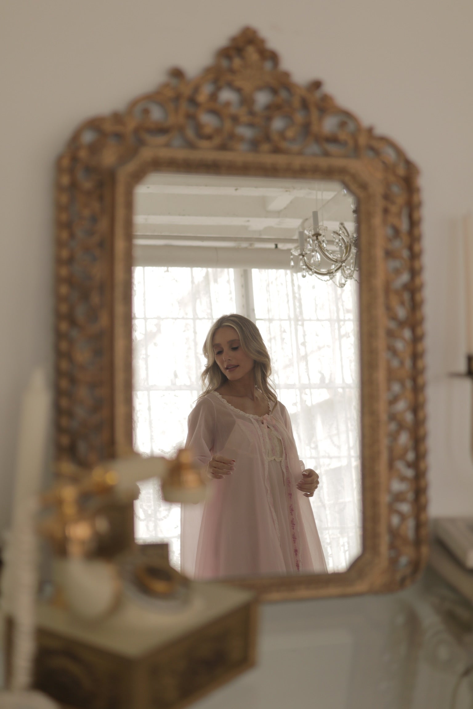 Authentic 1950s Pink Nylon Floral Nightgown & Matching Robe Set Size: S