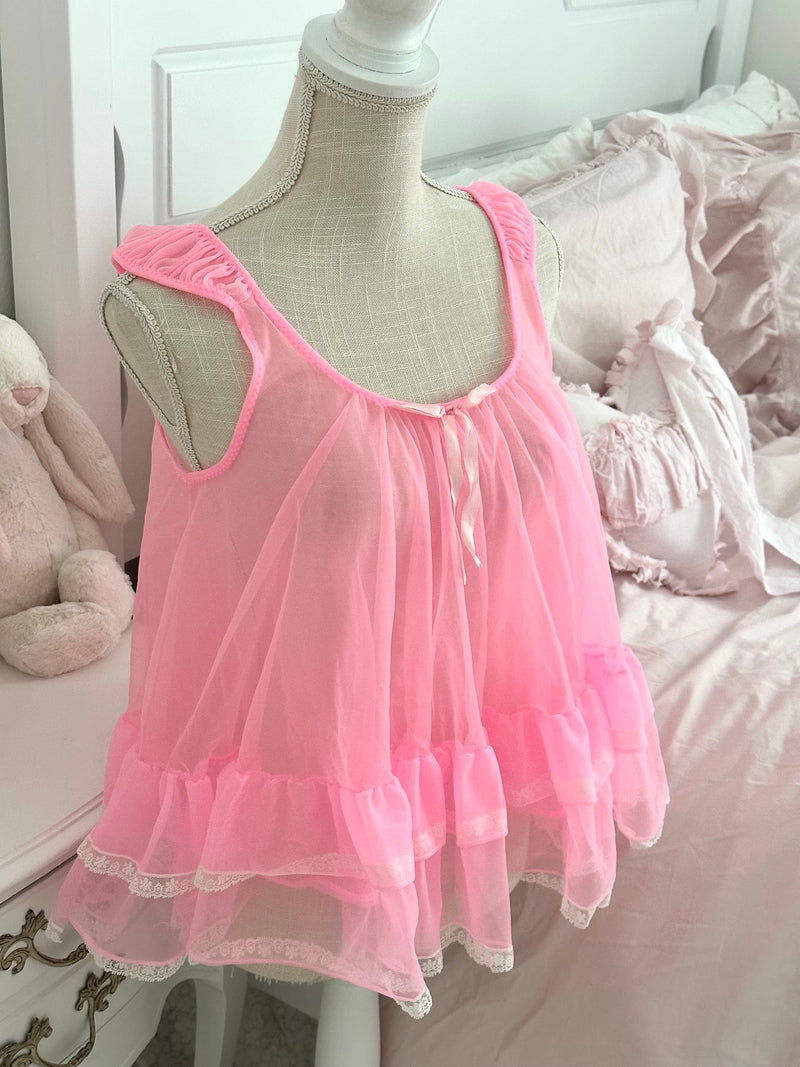 Vintage 1950s Tosca of California Neon Pink Chiffon Babydoll Top Fits S