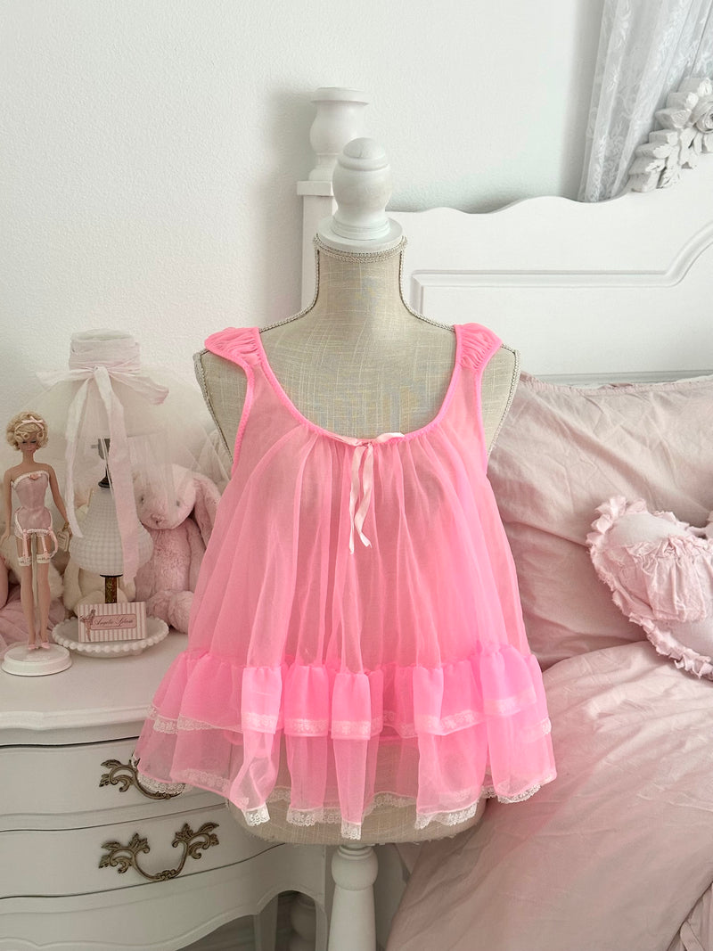 Vintage 1950s Tosca of California Neon Pink Chiffon Babydoll Top Fits S