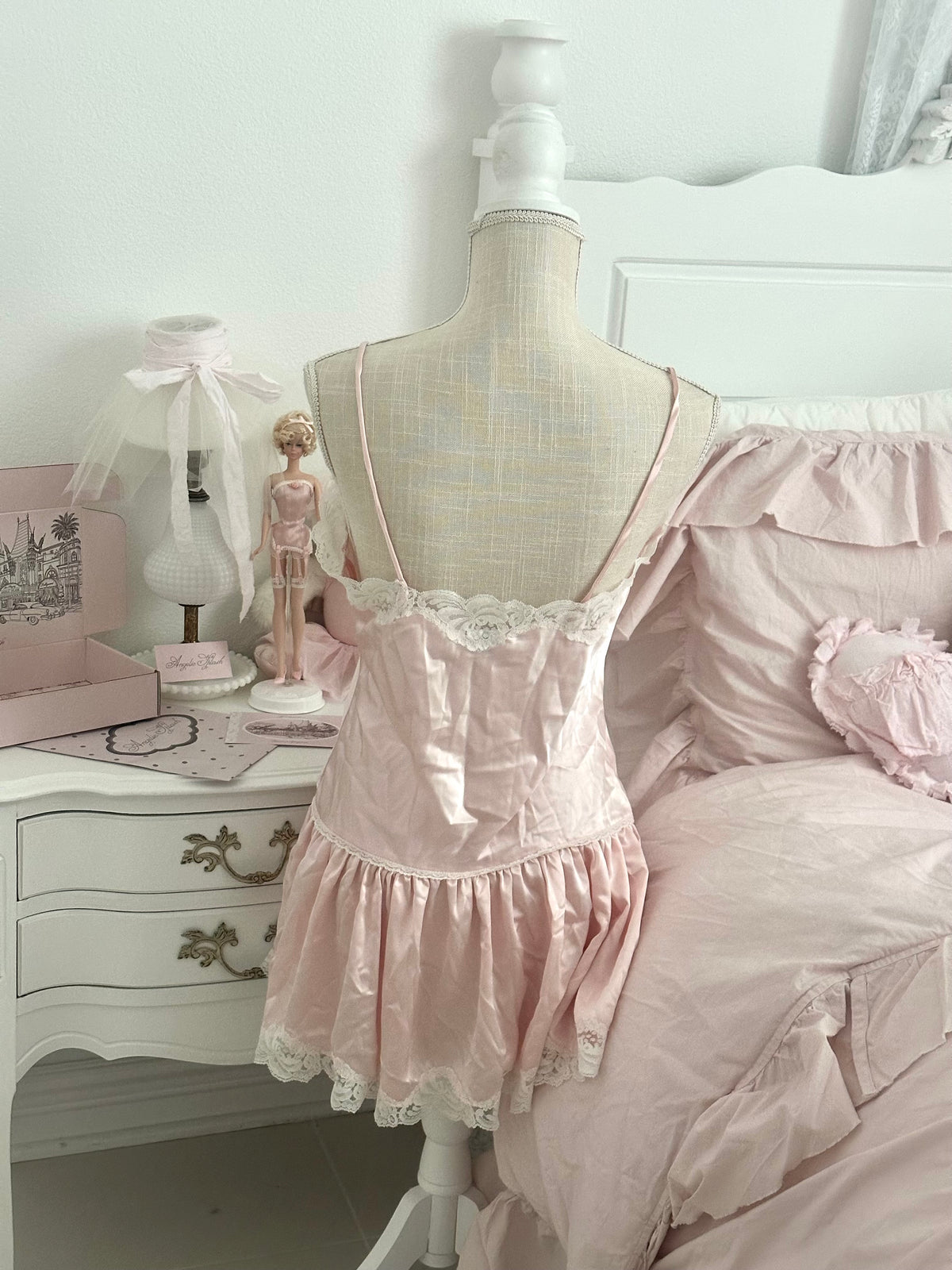 Vintage Kathryn Pink Satin Babydoll Slip Dress Size M