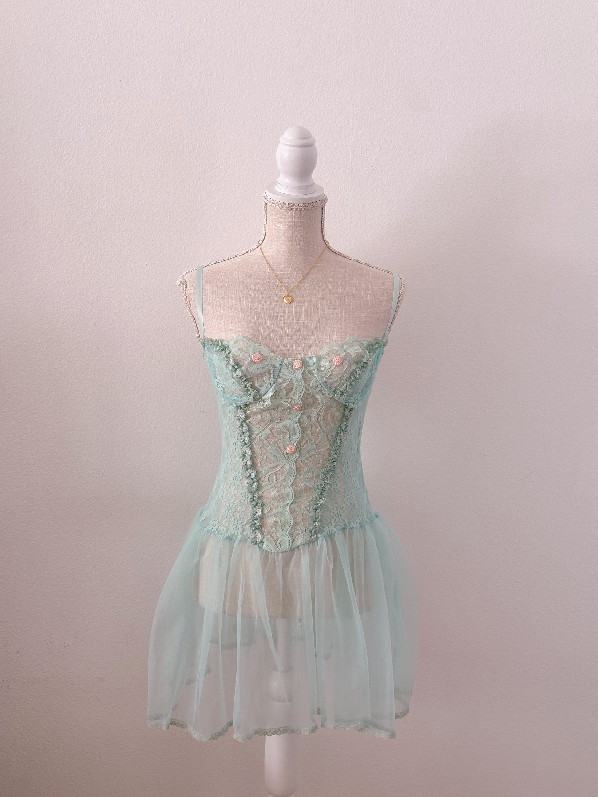 Vintage Fredricks of Hollywood green blue teal slip dress corset babydoll