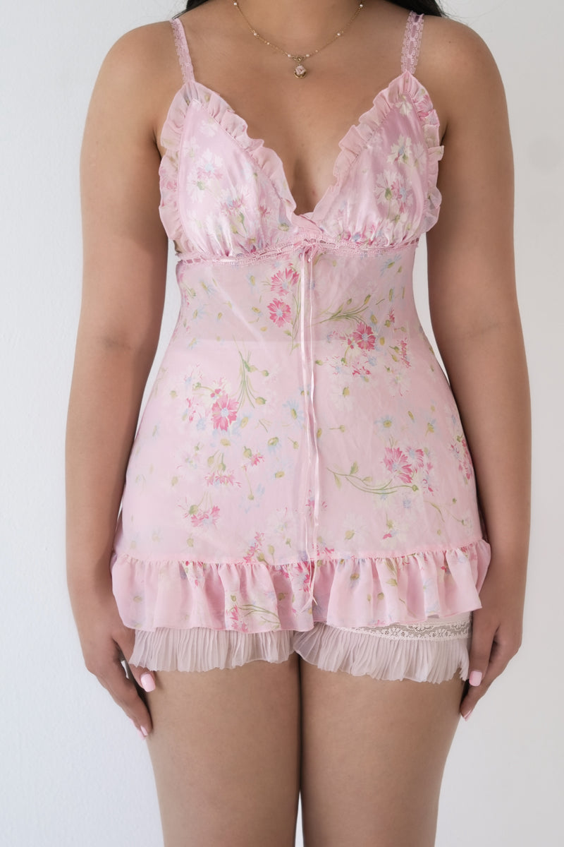 Vintage 2003 Victoria’s Secret Pink Floral Sheer Babydoll Slip Dress Size: XS