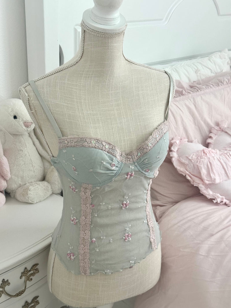 Vintage 2005 Victoria’s Secret Blue & Pink Floral Embroidered Bustier Cami Top 34C (READ)