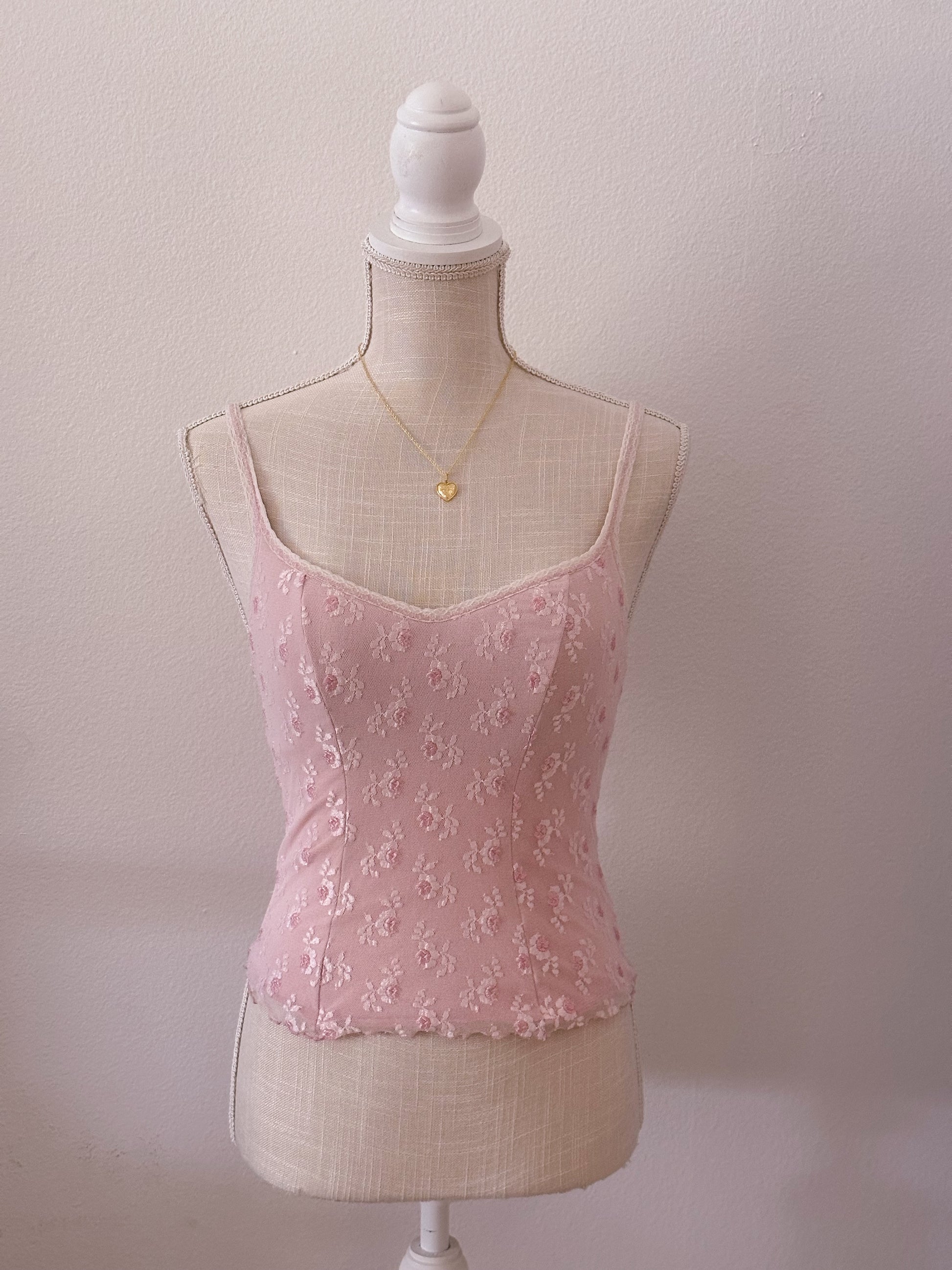 Vintage shabby chic floral pink bustier corset cami top size: S