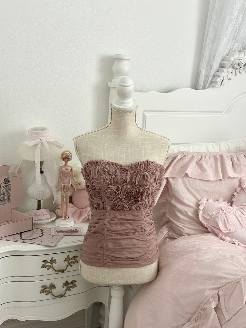 Vintage Y2K Bebe Dusty Mauve Rosette Corset Top Size XS/S