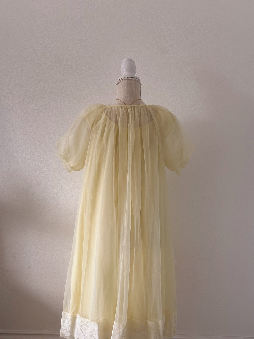 Authentic true vintage 1950's peignoir yellow robe and slip dress set with puff sleeves.