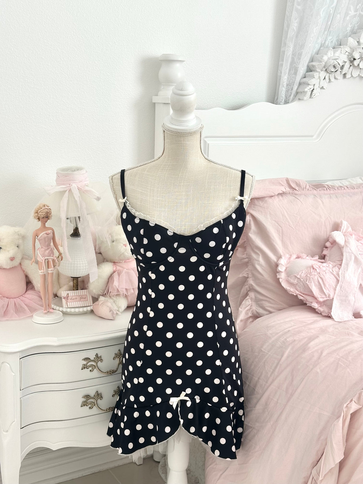 Vintage 2007 Victoria’s Secret Black & White Polka Dot Babydoll Slip Dress 36C