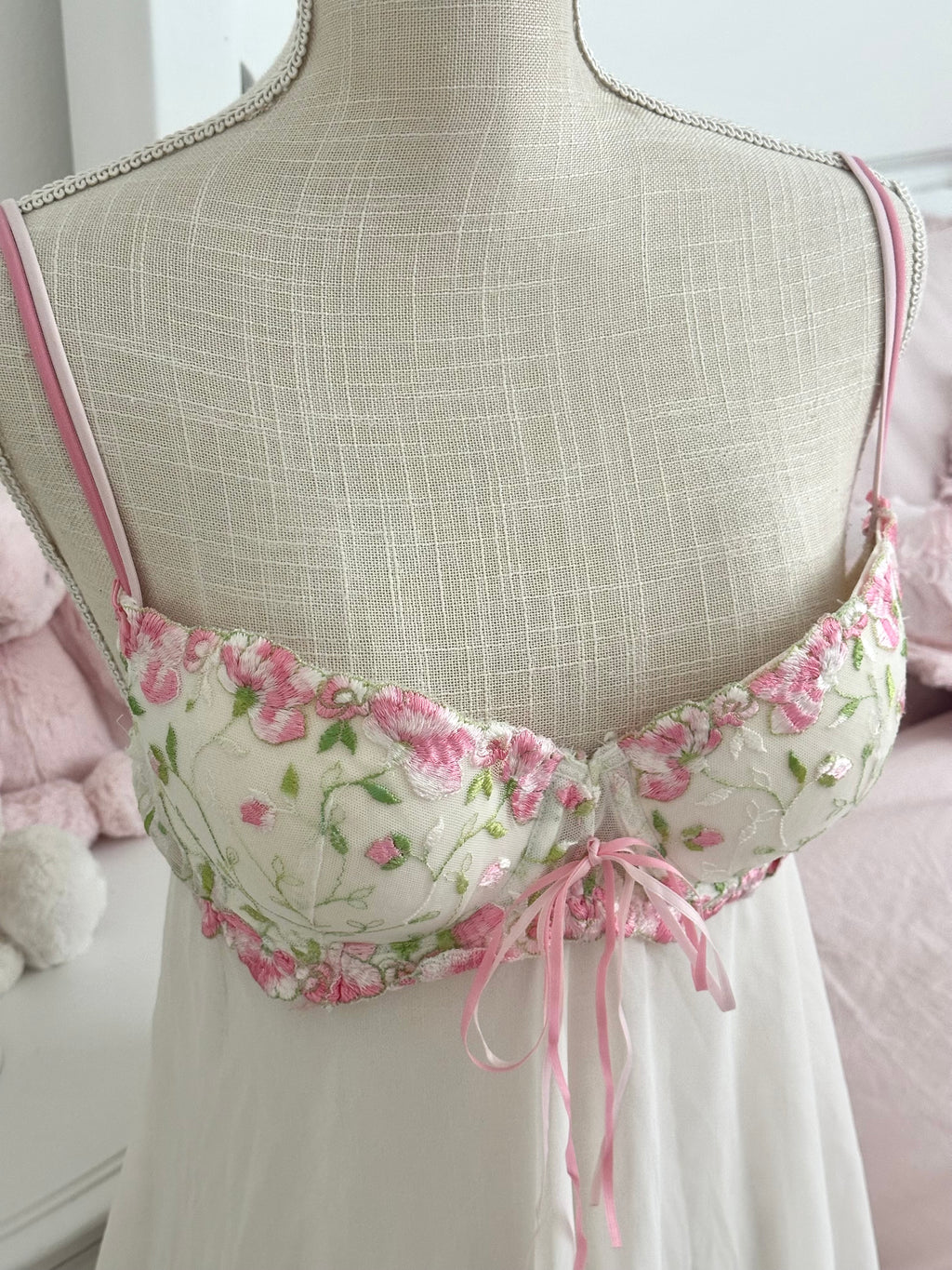 Vintage 2000s Delicates White Fairy Babydoll Dress Pink & Green Floral Size: L
