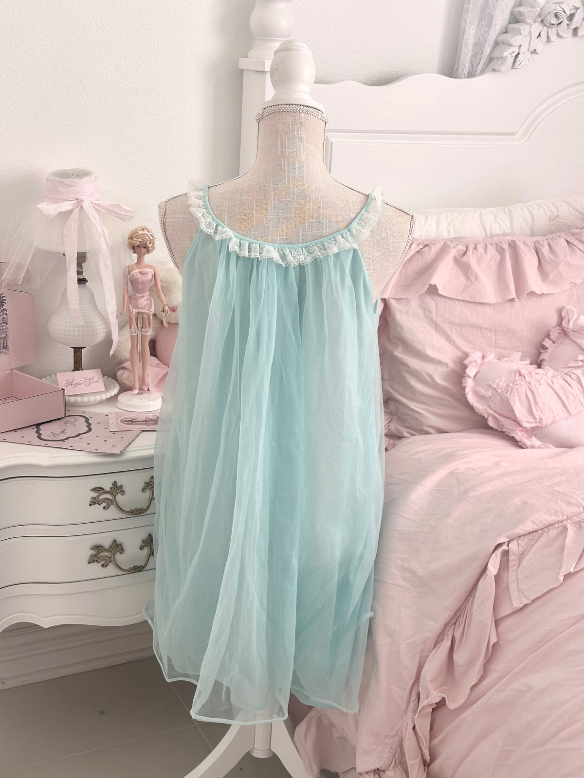 Vintage 1950s Baby Blue Sheer Nylon Nightgown Size S