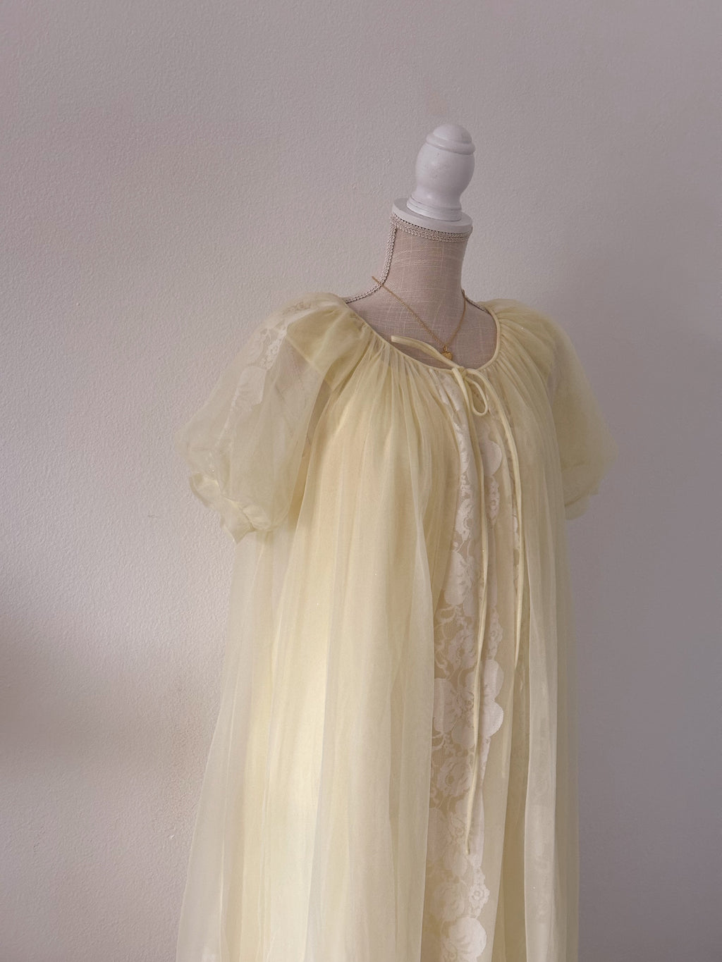 Authentic true vintage 1950's peignoir yellow robe and slip dress set with puff sleeves.
