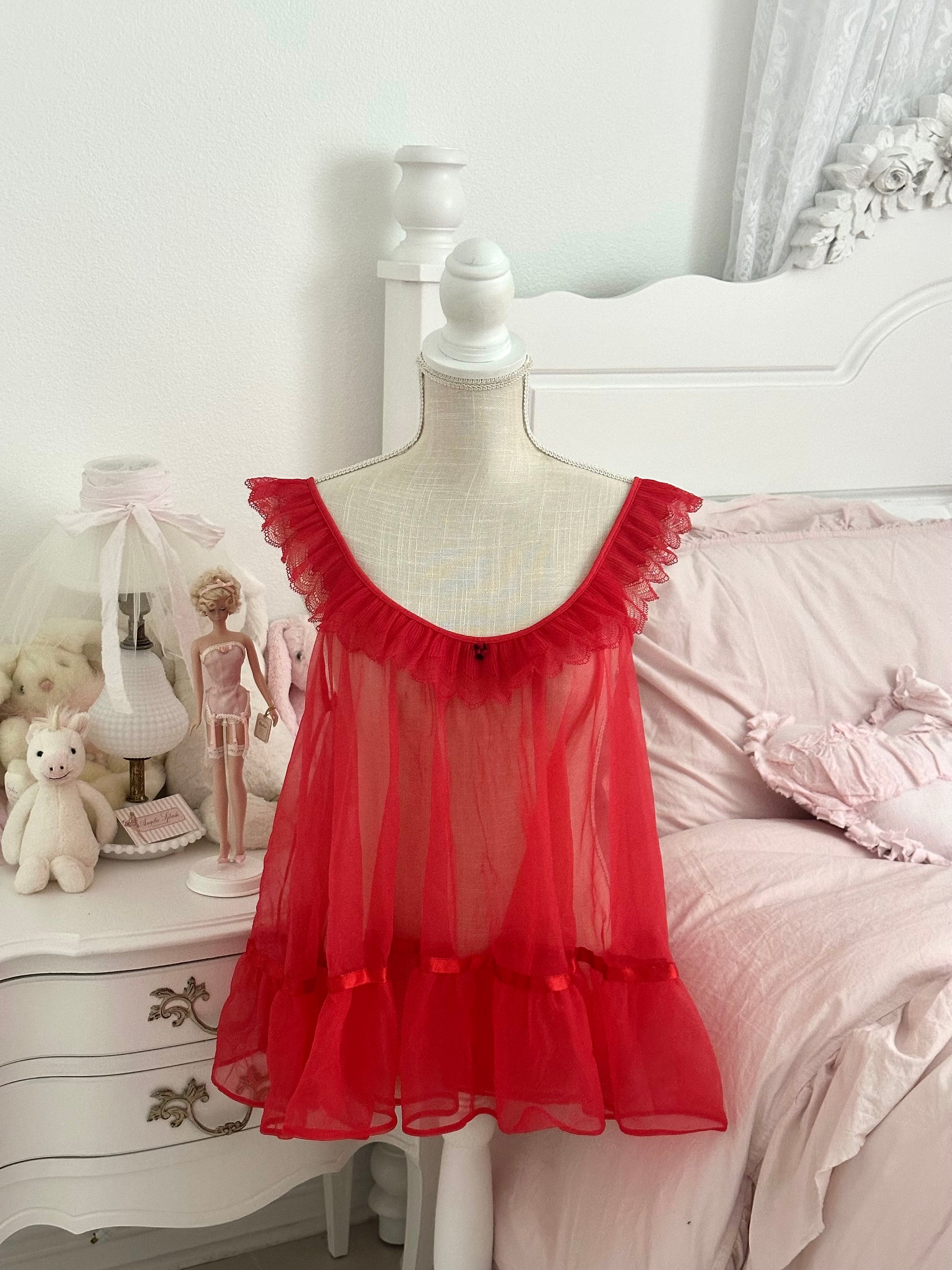 Vintage 1960s Made in USA Red Sheer Lace Ruffle Babydoll Top Size: M