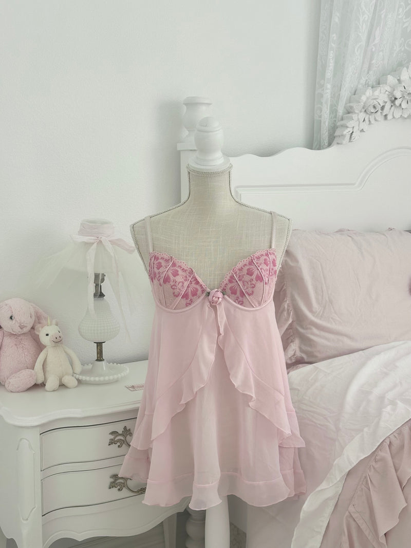 Vintage Delicates Pink Sheer Babydoll Slip Dress Size: M