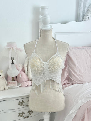 Vintage 1990s White Sequin Beaded Butterfly Halter Top XS–M