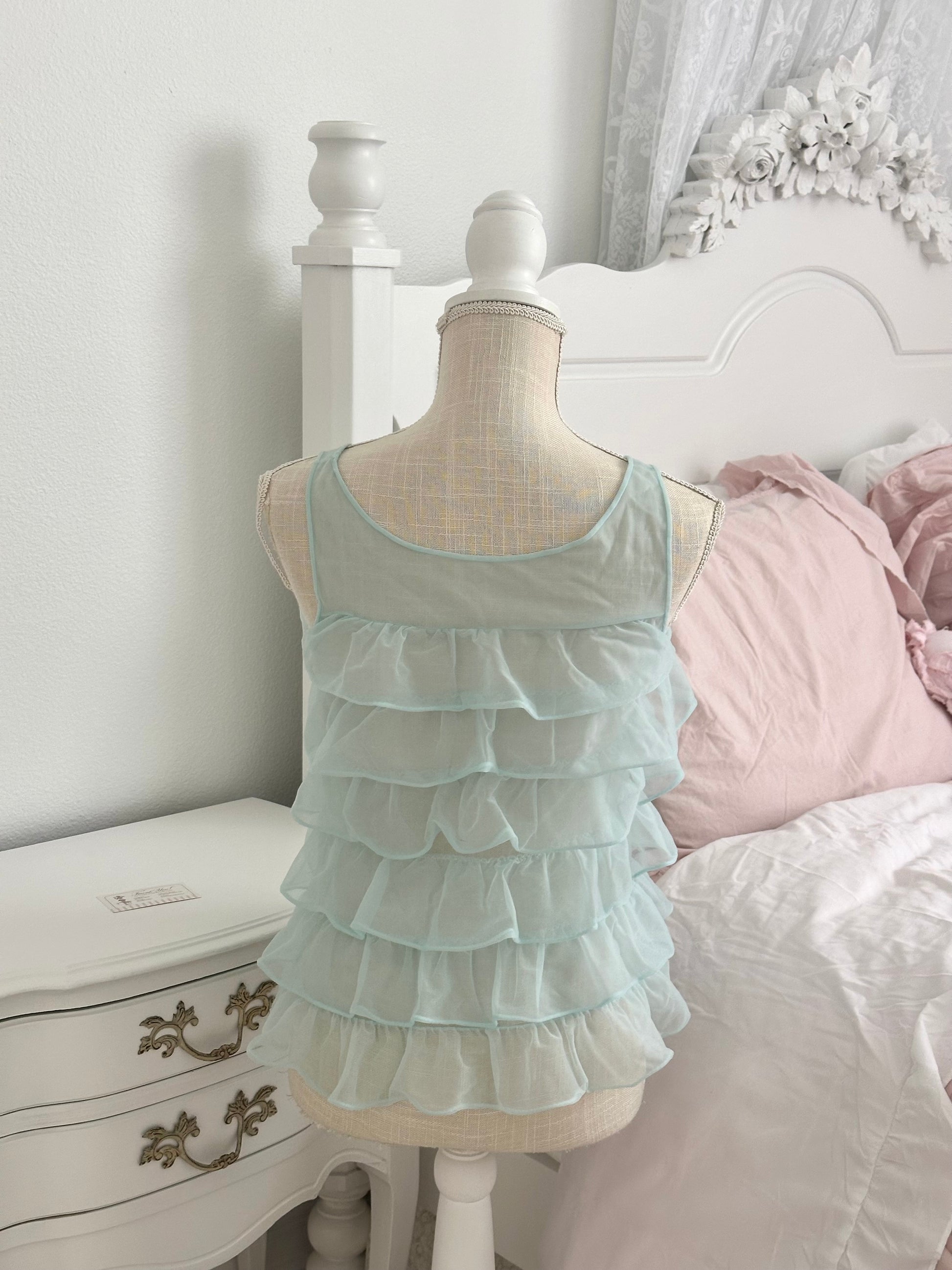Authentic 1950s Blue Sheer Ruffle Babydoll Top Size: XS/S (Petite)