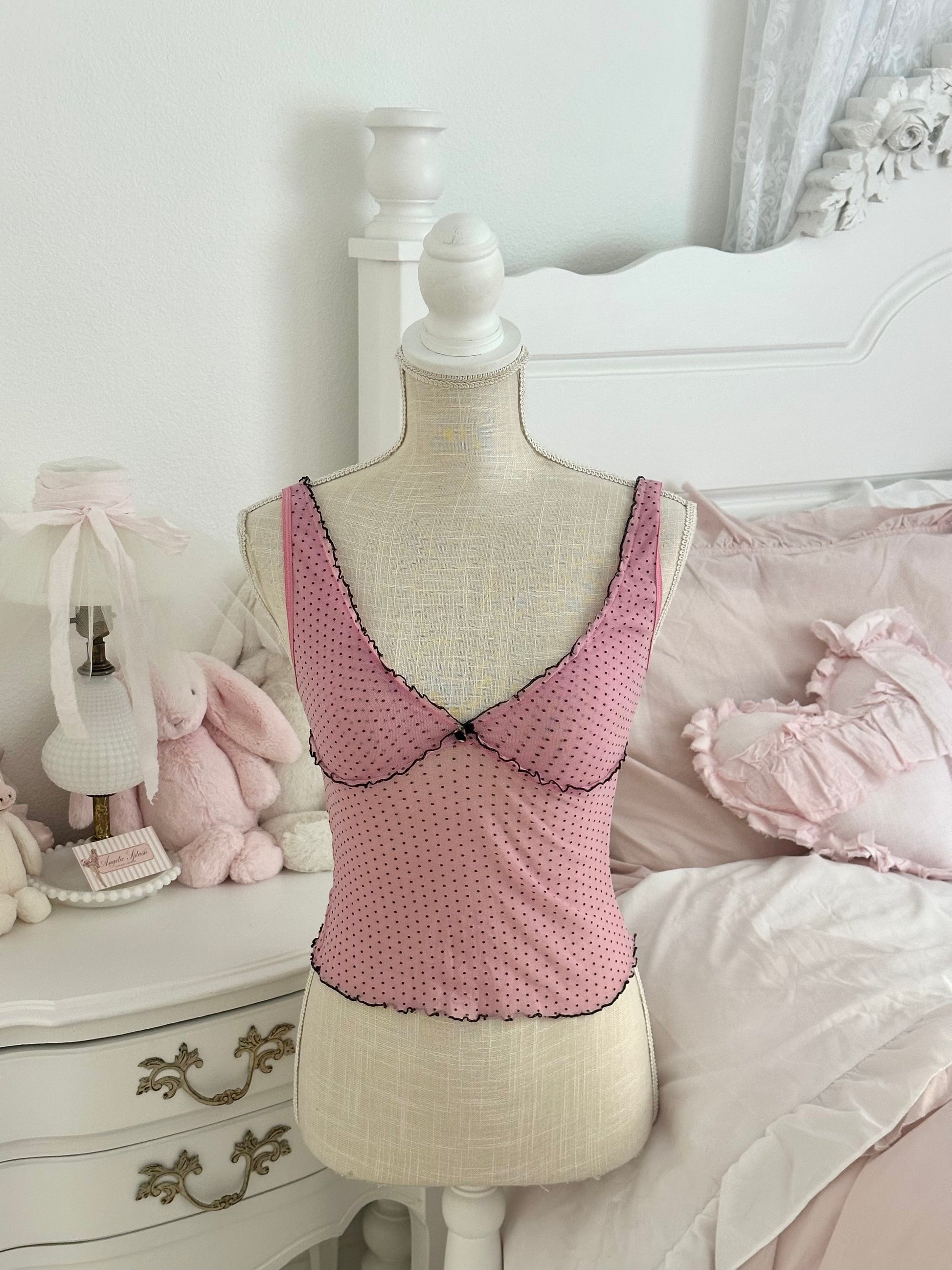 Vintage 2004 VS pink sheer black polka dot cami size S