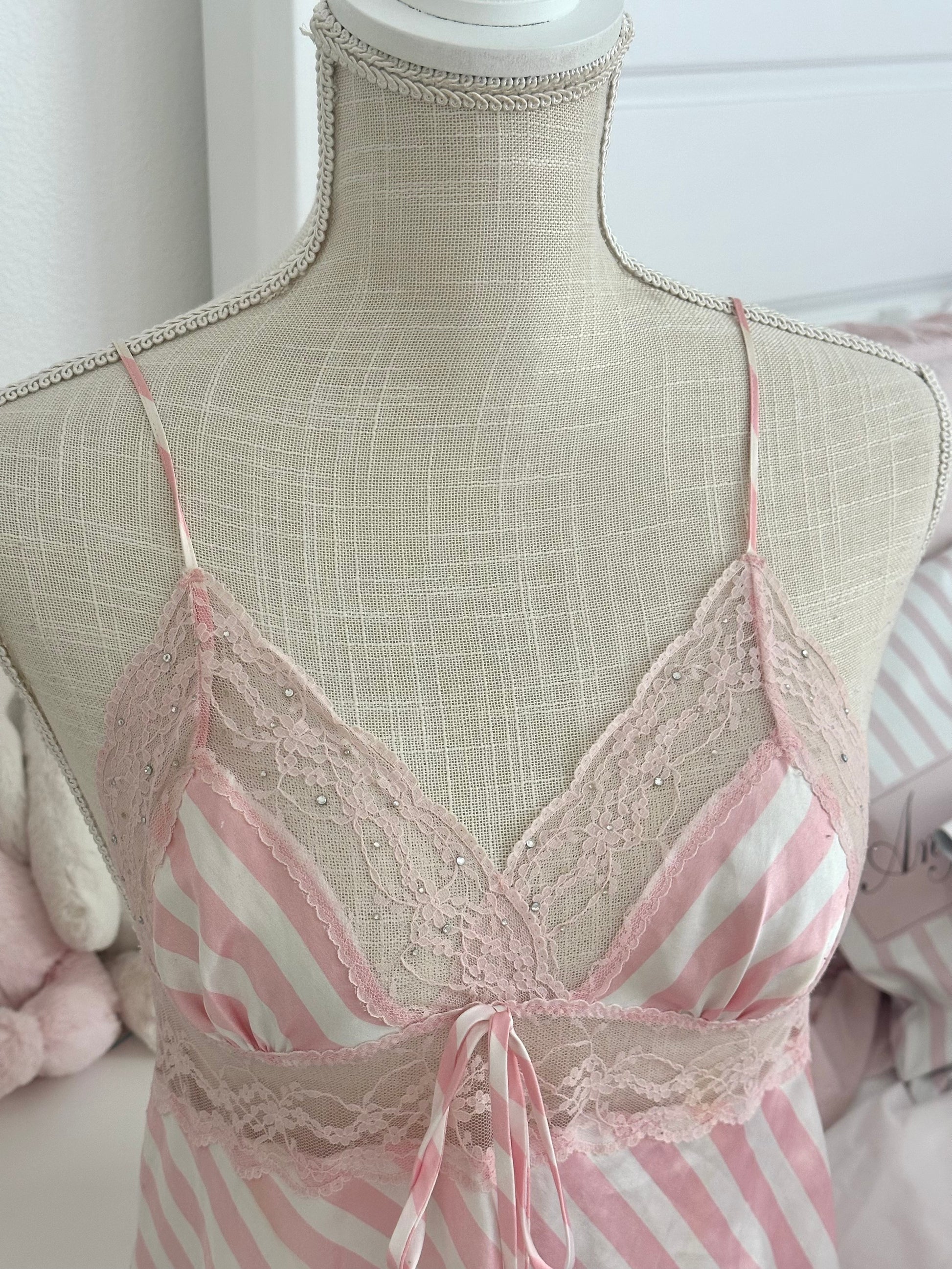 Vintage 2011 Victoria’s Secret Pink & White Stripe Lace Crystal Babydoll Size: S