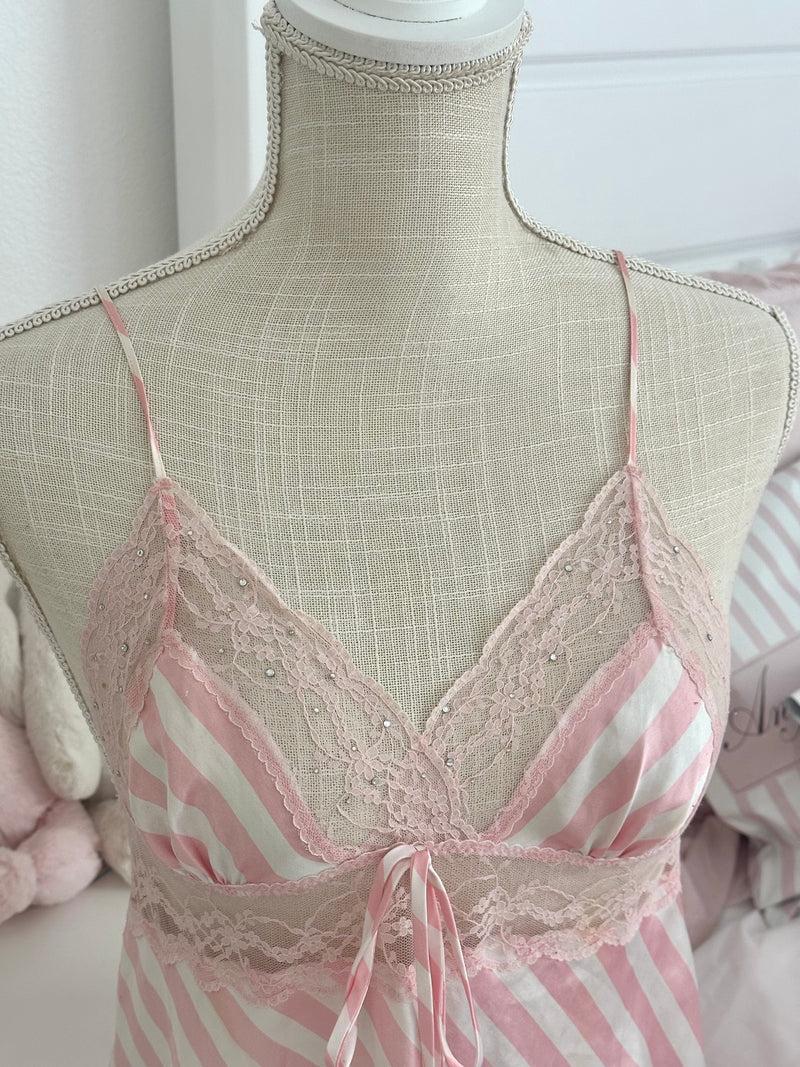 Vintage 2011 Victoria’s Secret Pink & White Stripe Lace Crystal Babydoll Size: S