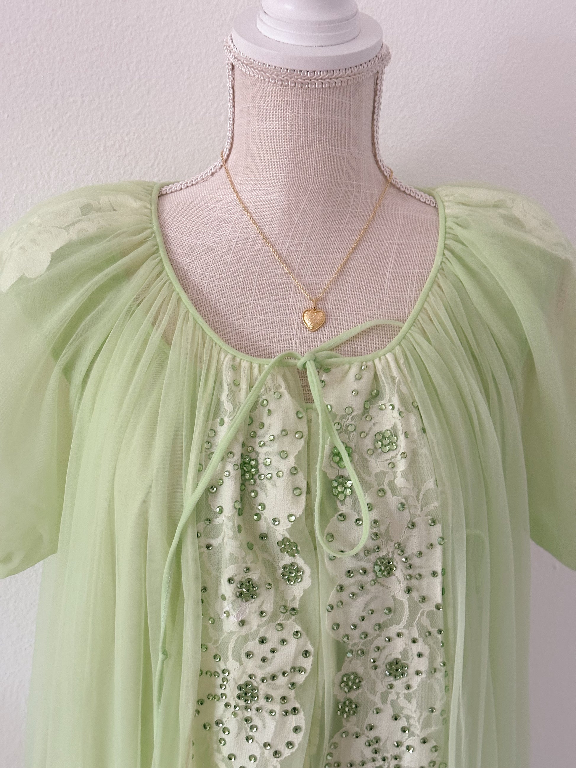 1950's peignoir green robe and slip dress set with puff sleeves