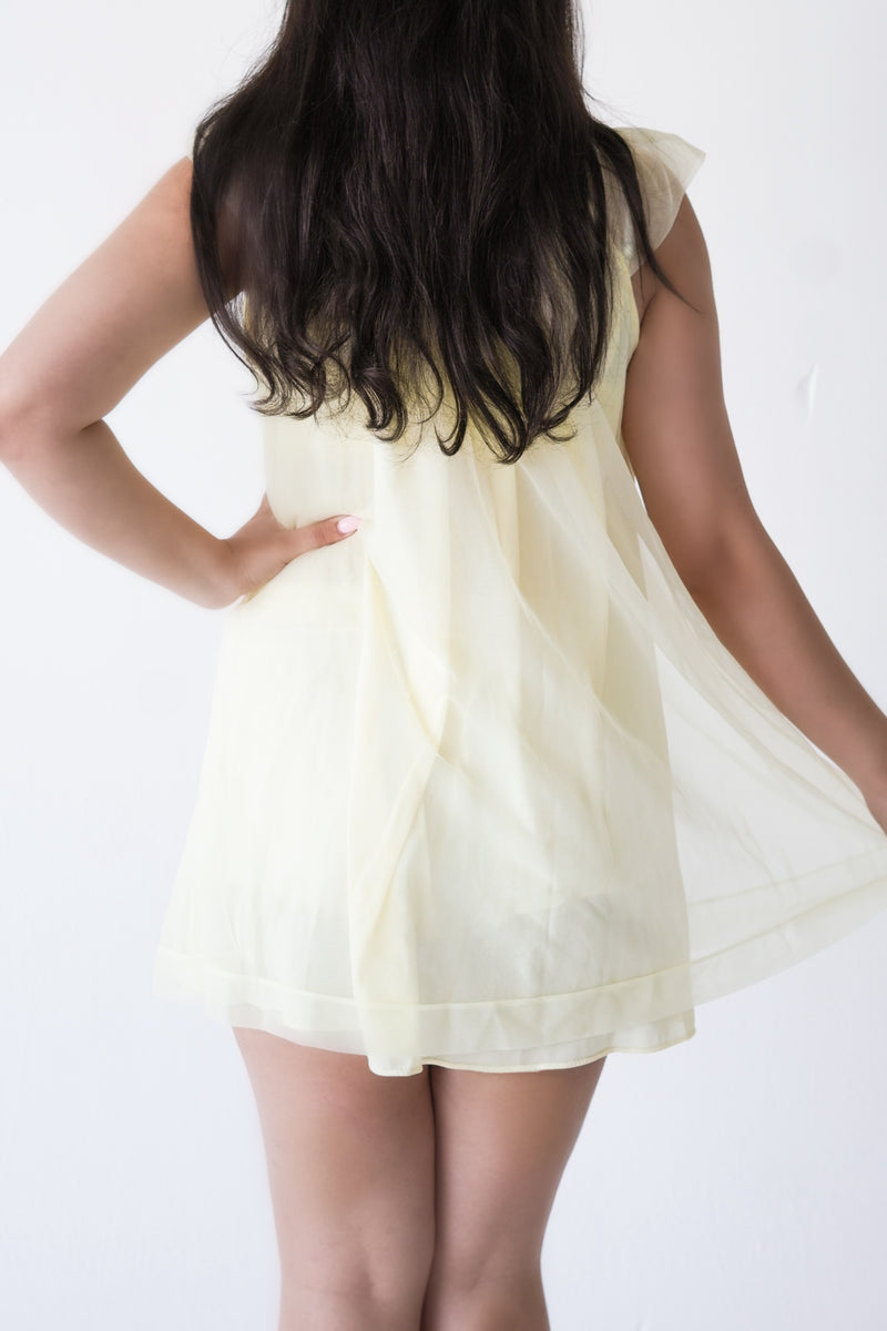Authentic 1950s Yellow Nylon Sheer Peignoir Babydoll Slip Dress Size: S
