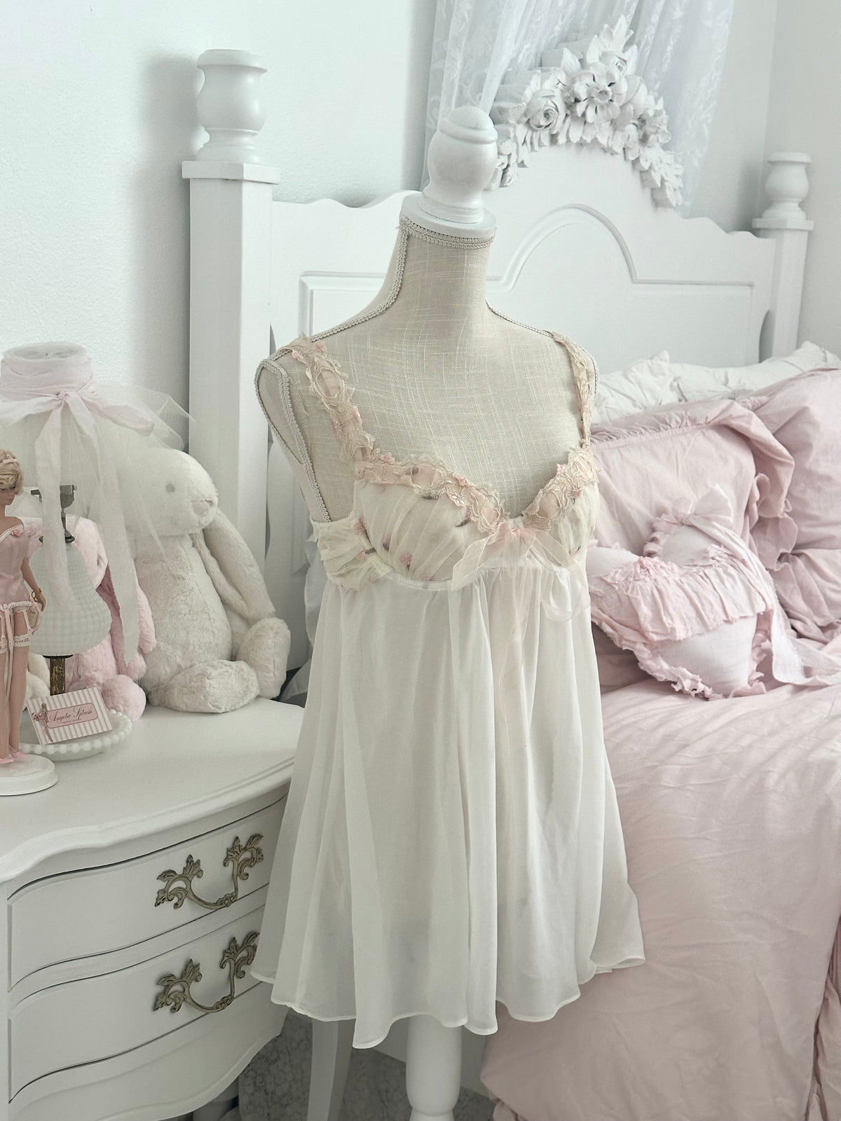 Vintage Delicates White Sheer Babydoll Slip Dress Size M