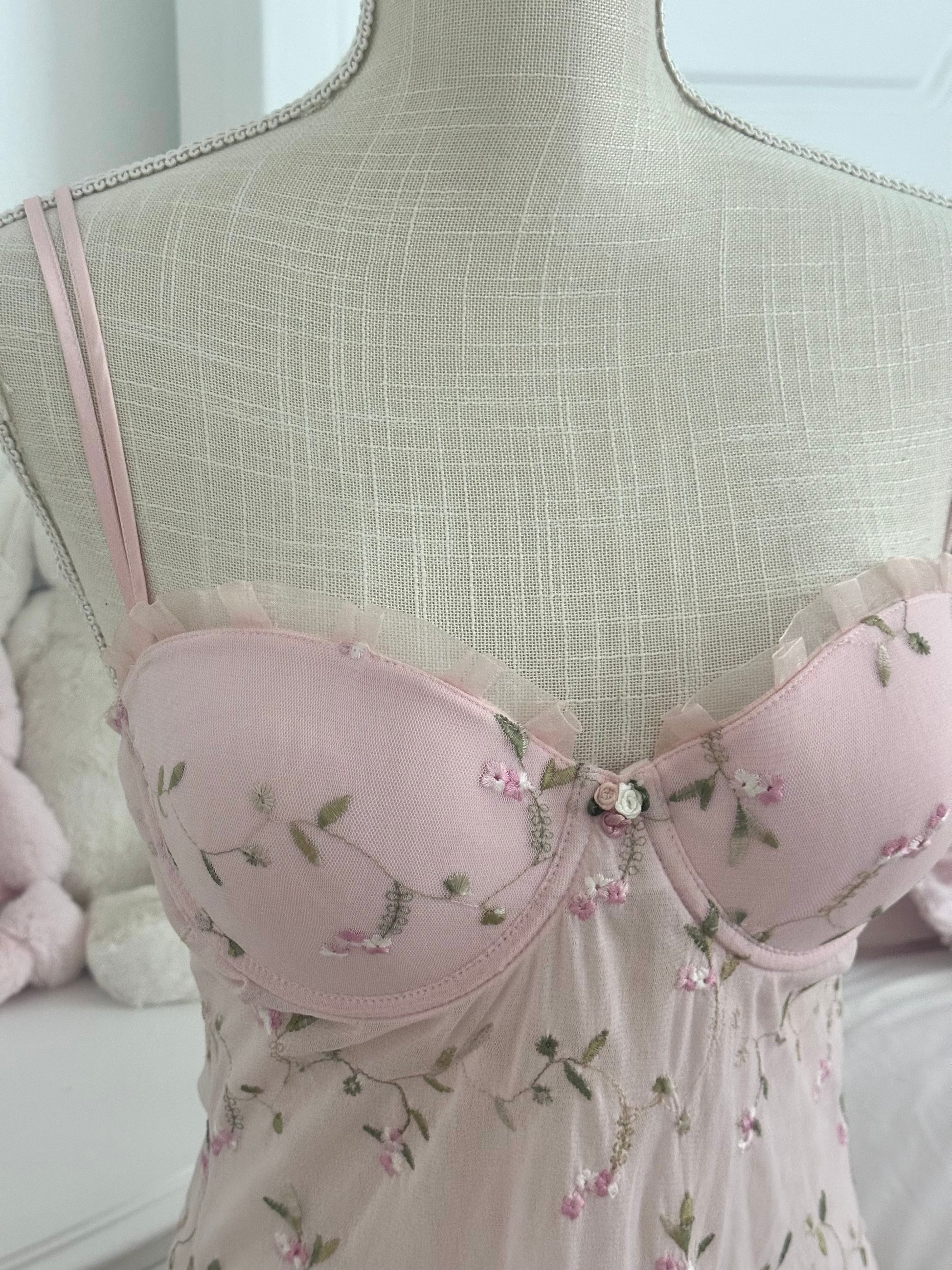 Vintage Ava Rose Pink Sheer Shabby Chic Slip Dress Size: S