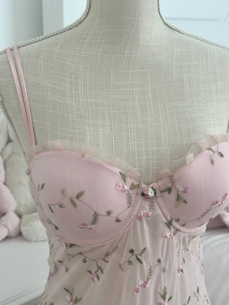 Vintage Ava Rose Pink Sheer Shabby Chic Slip Dress Size: S