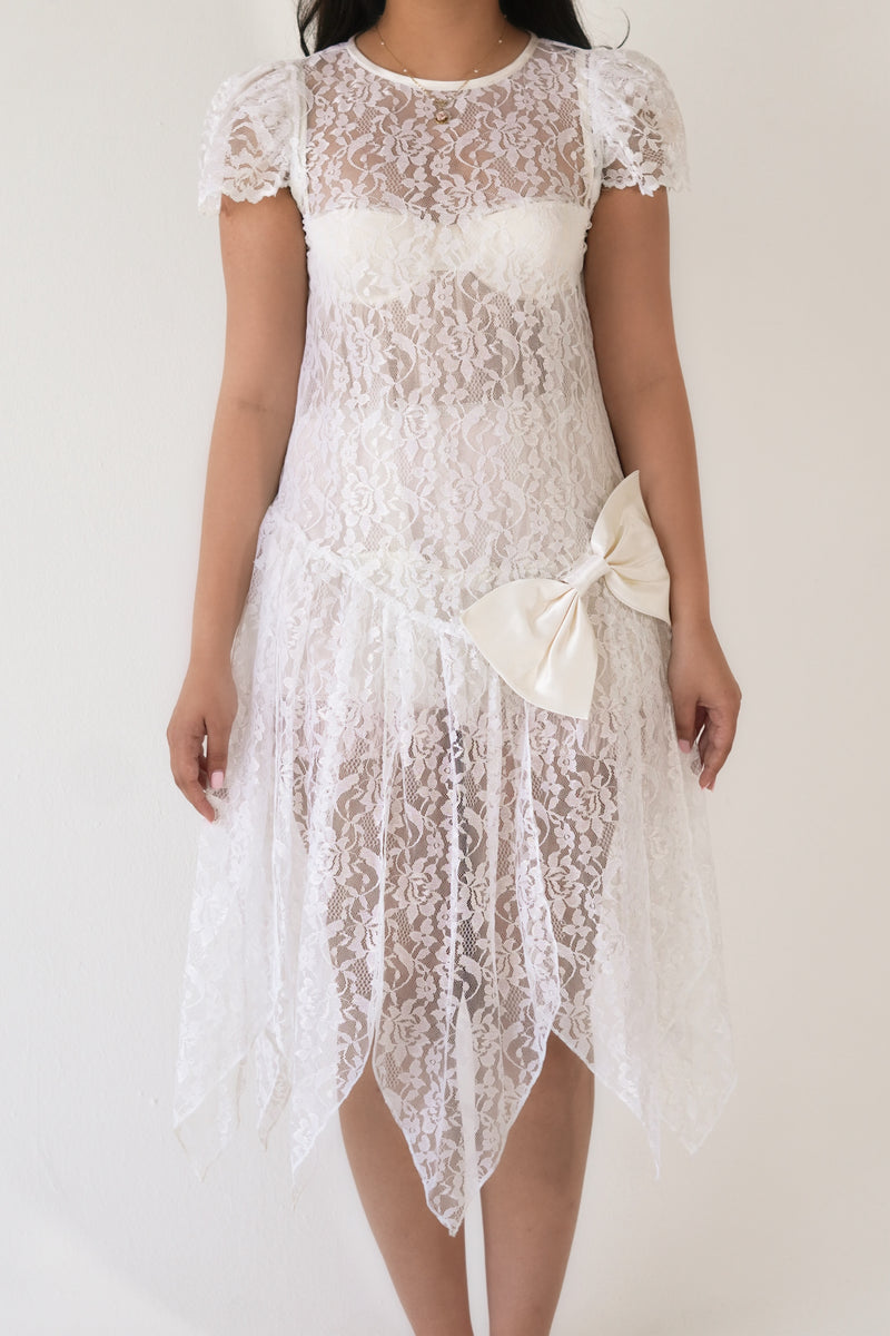 Vintage 80s/90s White Lace Sheer Midi Dress Size: S (No Tag)
