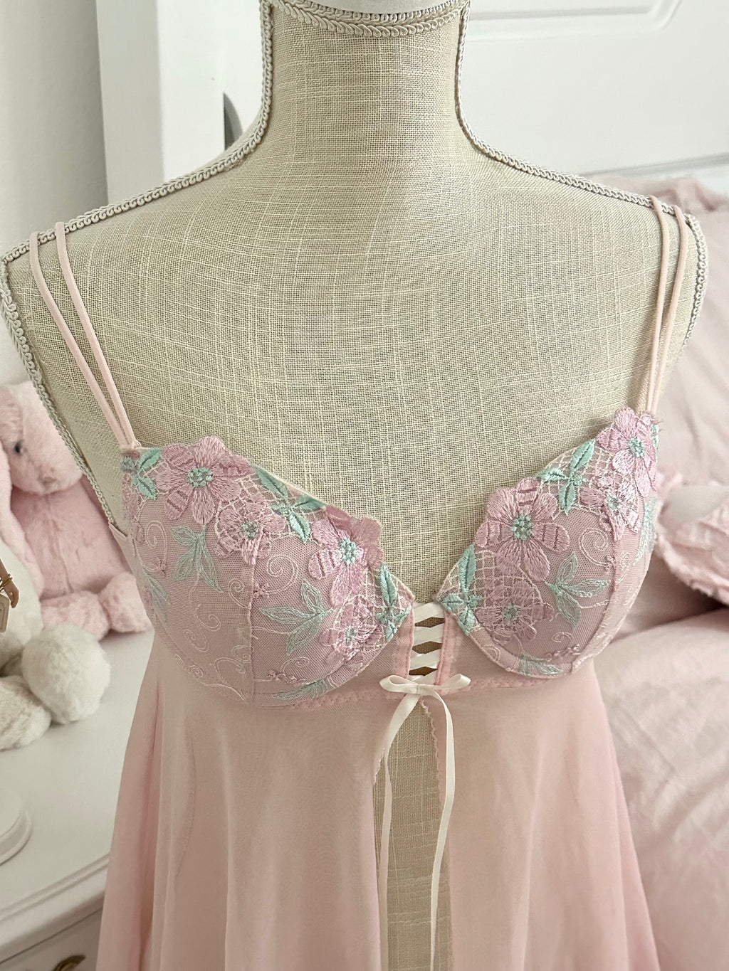 Vintage Inner Secrets Pink Floral Embroidered Babydoll Top Size: S