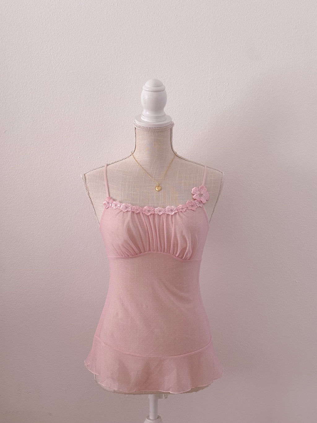 Vintage sheer pink floral shabby chic cami / swimsuit cover size: S