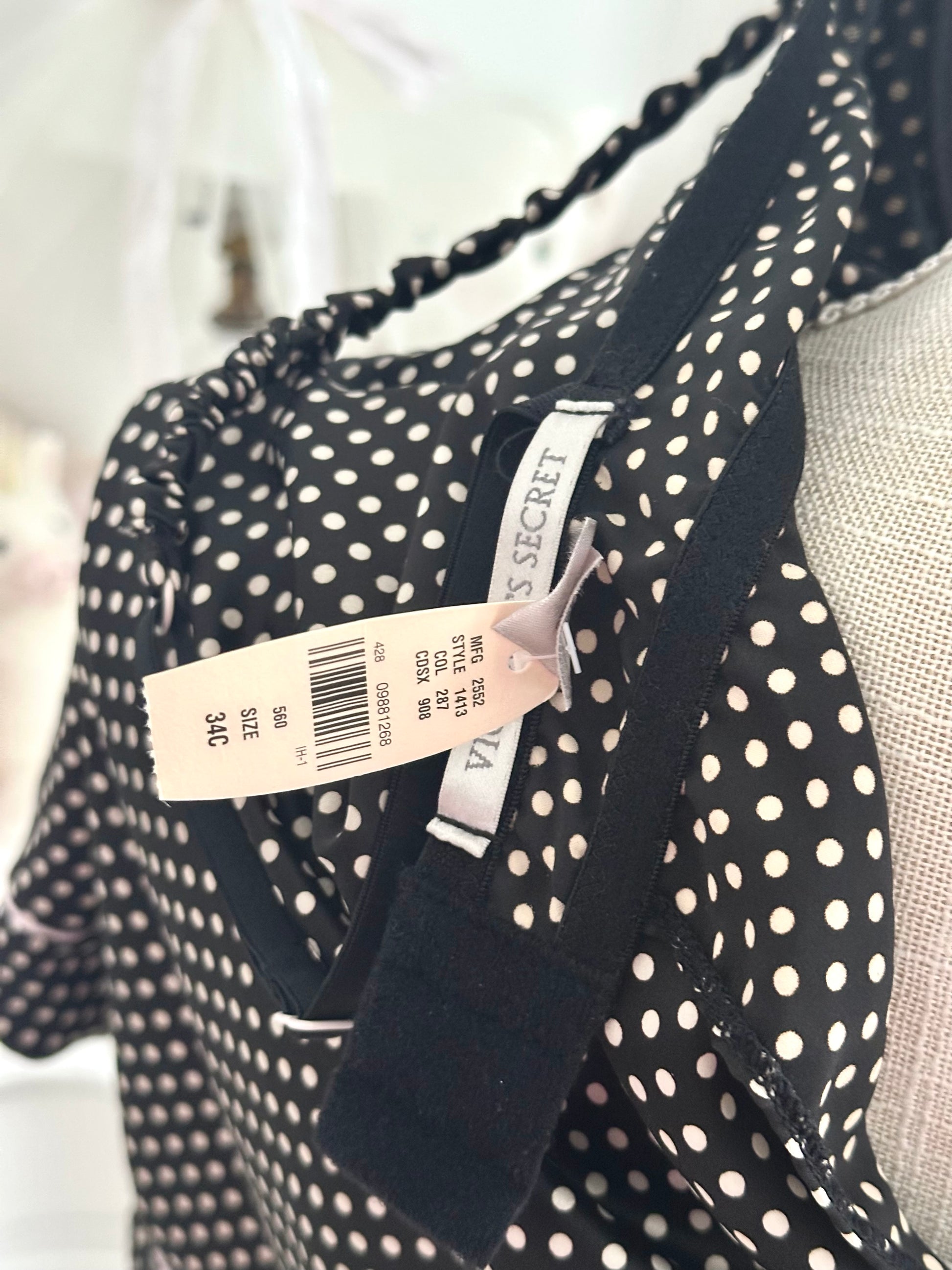 Vintage 2009 Victoria’s Secret Black & Pink Polka Dot Babydoll Set with Thong NWT Size: 34C