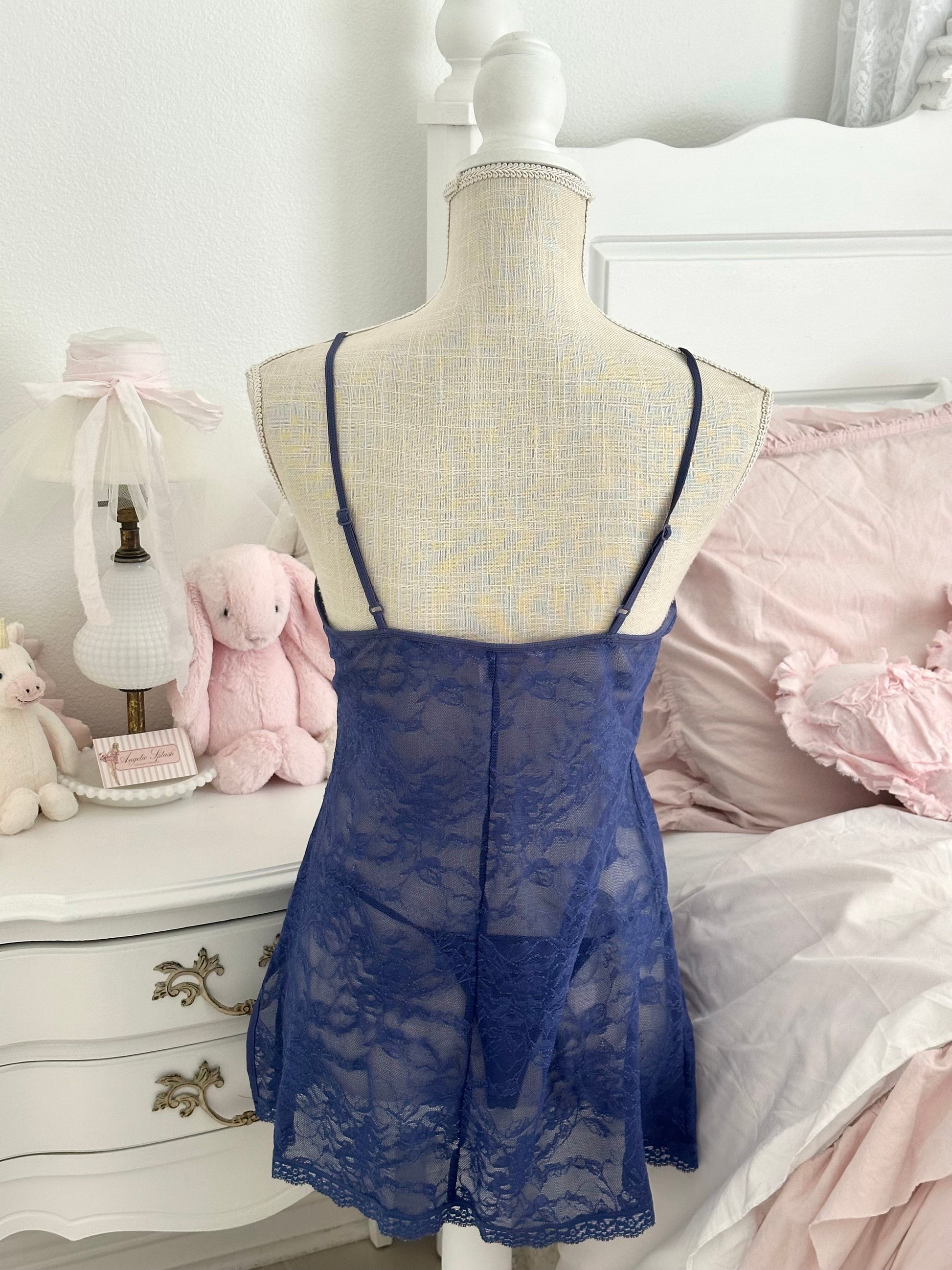 Vintage 2001 Victoria’s Secret Navy Blue Lace Slip Dress & Thong Set Size: S