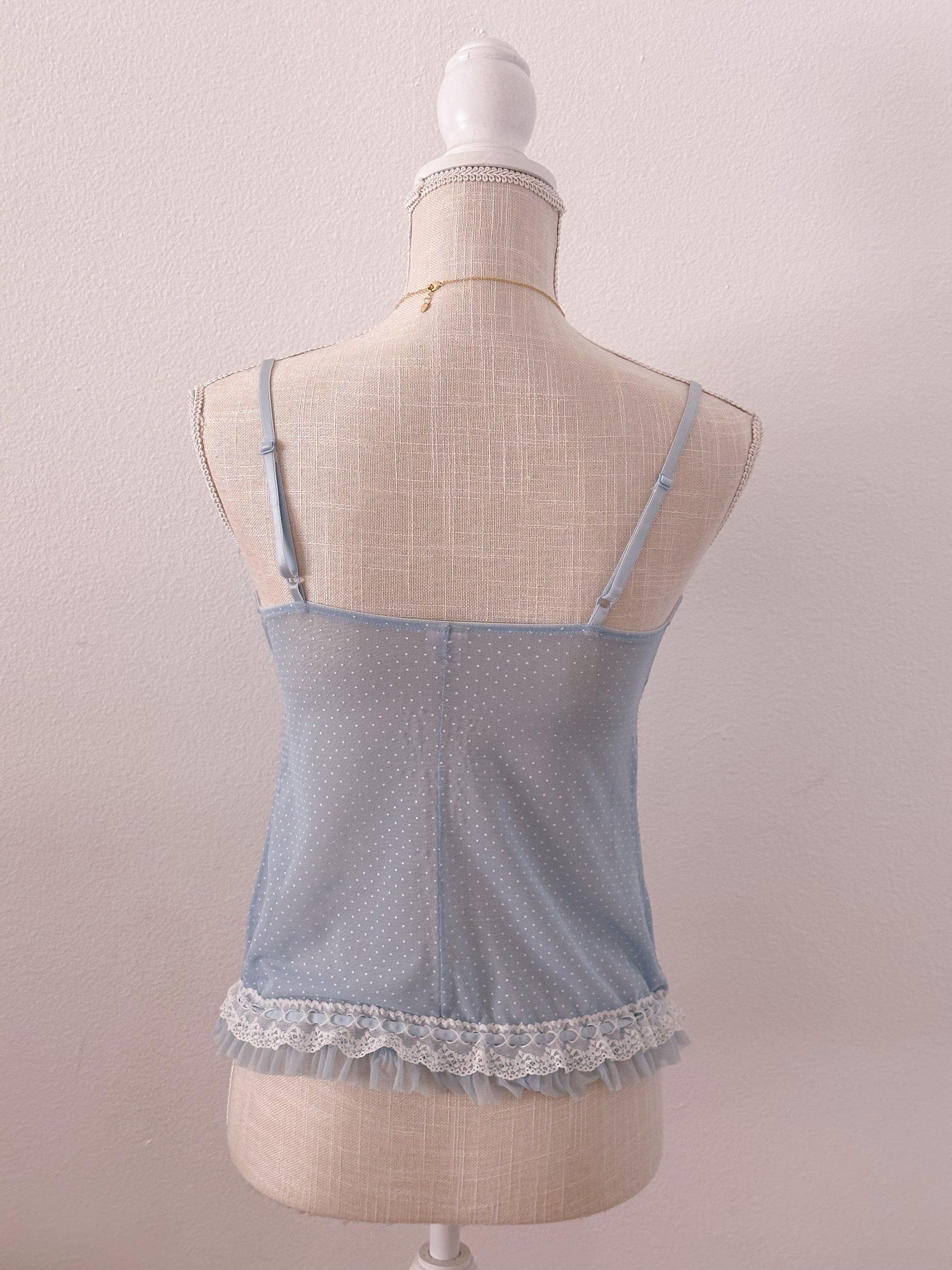 Vintage blue ruffle sheer polka dot cami top size: S