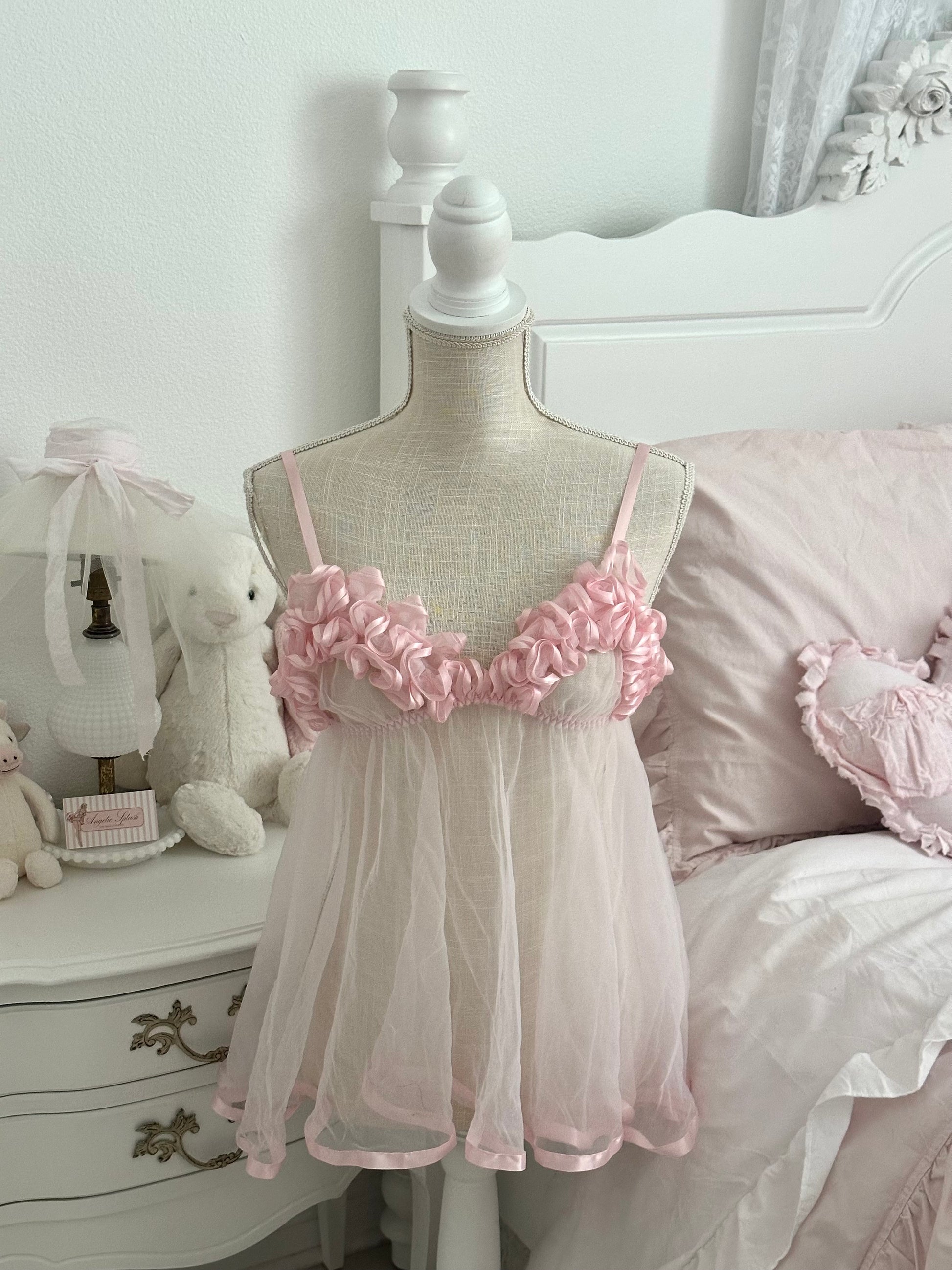Vintage 1990s Frederick’s of Hollywood Pink Ruffle Sheer Babydoll Top Size: M
